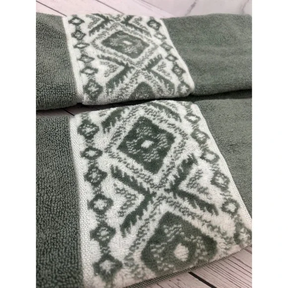 Wrangler Hand Towel Set 2pc Sage Green Southwestern Geometric Jacquard Border - Picture 2 of 4